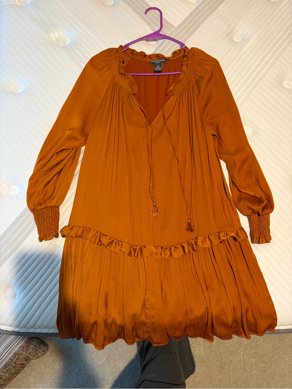 Chelsea & Theodore Rust Orange Long-Sleeve Ruffle Tiered Dress